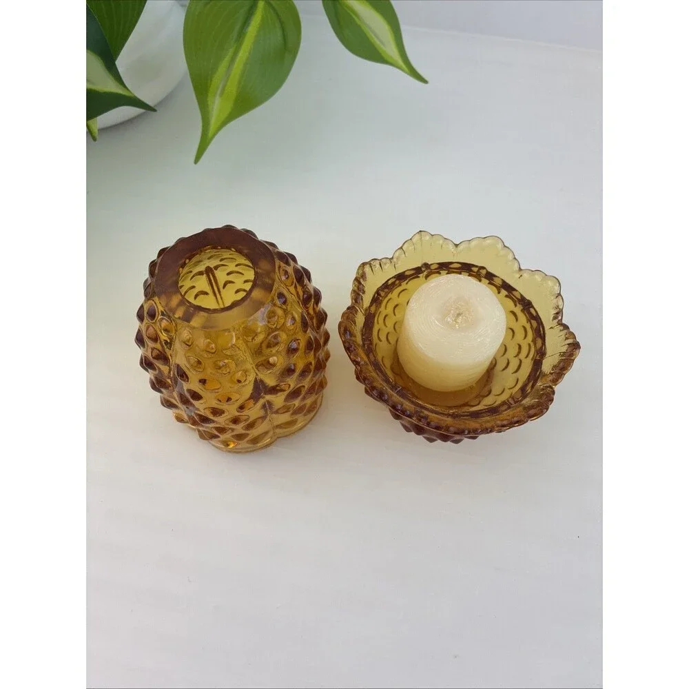 Fairy Lamp w Matching Base Vintage Fenton Amber Hobnail Candle Holder EUC Signed
